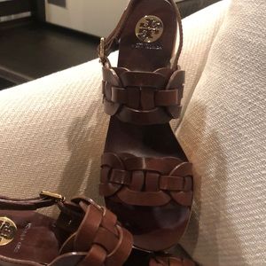 Tory Burch brown leather sandals cork wedge heel